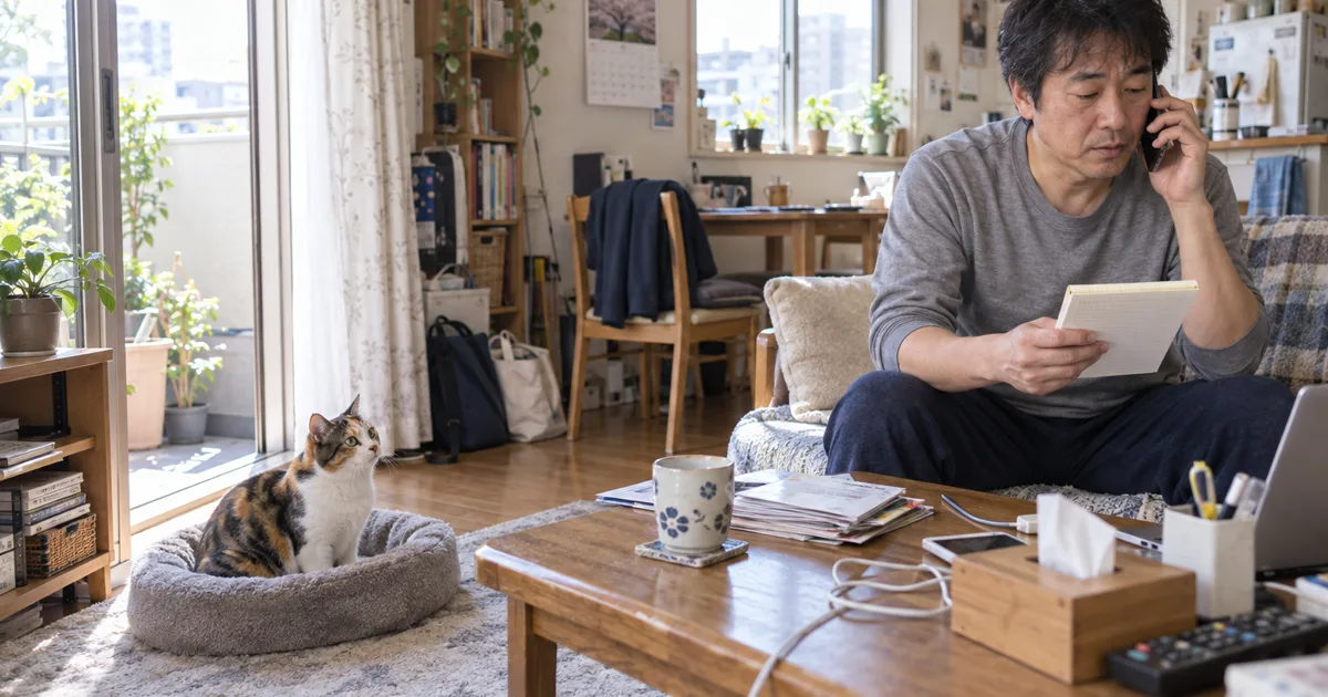 ソファで電話をしながらメモを見る40代の男性と、ペットベッドから見上げる三毛猫